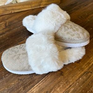 Gianni Bini Leopard Print Rhinestone Embellished Faux Fur Slippers